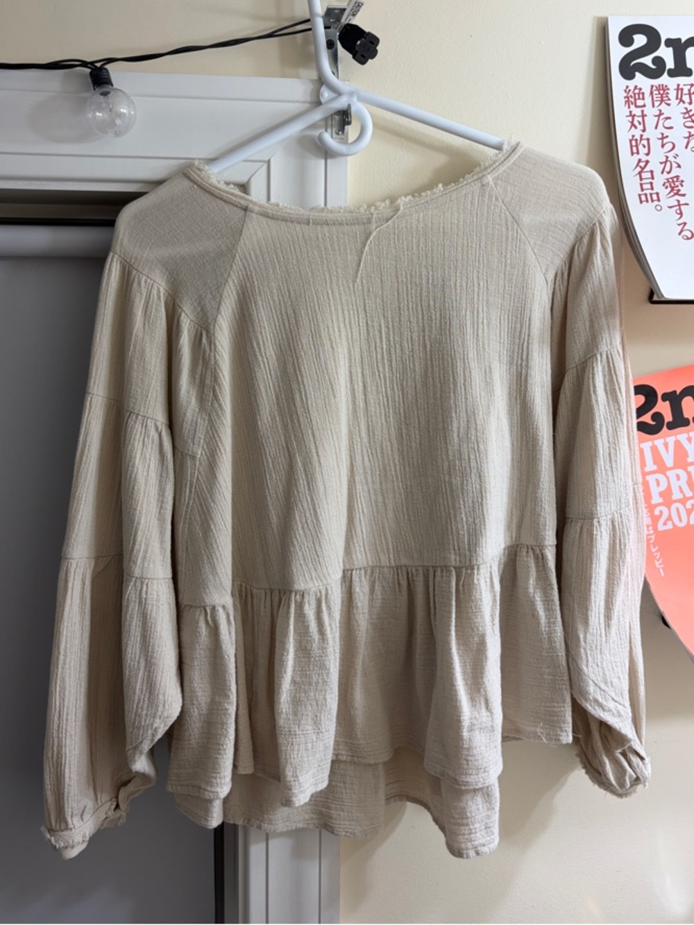 FREE PEOPLE Women's Cream Peasant Blouse - Lightweight Tiered Long Sleeve Top